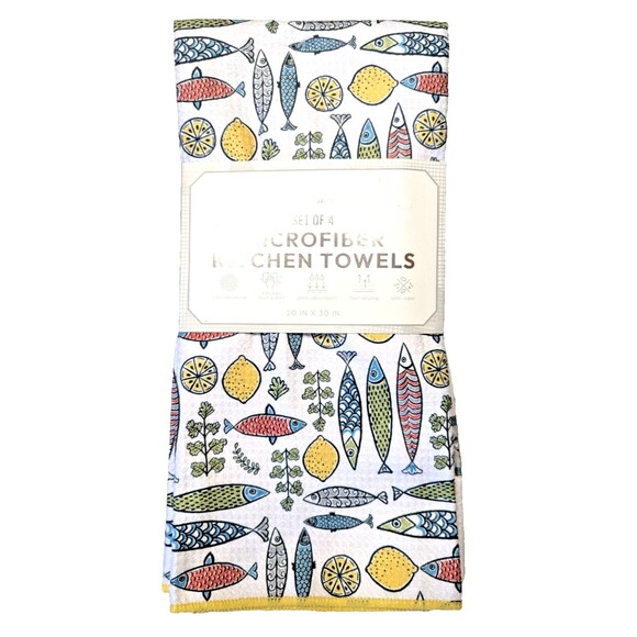Envogue Microfiber Kitchen Towels Fish Sardine Cans Lemon 4-Pc Cotton Gift NEW - Picture 2 of 3